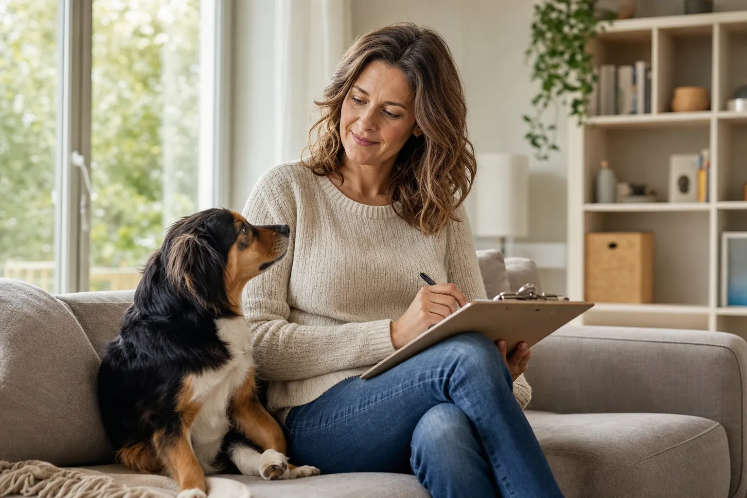 Hundehalterin arbeitet mit ihrem Hund auf dem Sofa eine Checkliste durch