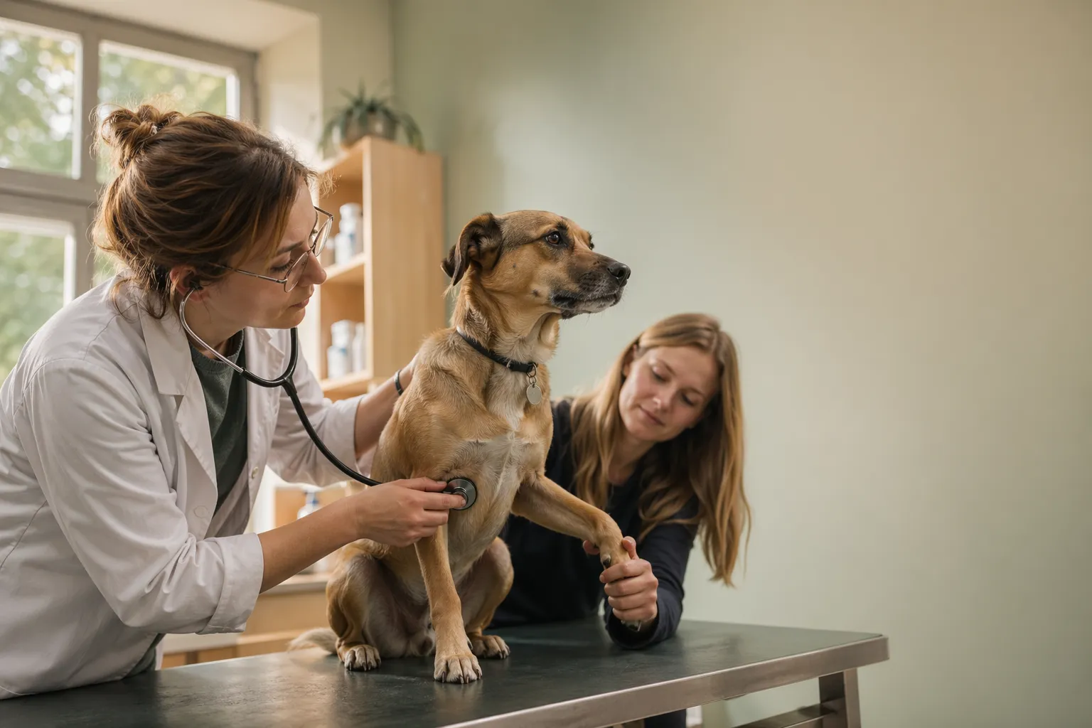 Tierärztin hört einen Hund auf dem Behandlungstisch ab, die Halterin hält ihn ruhig