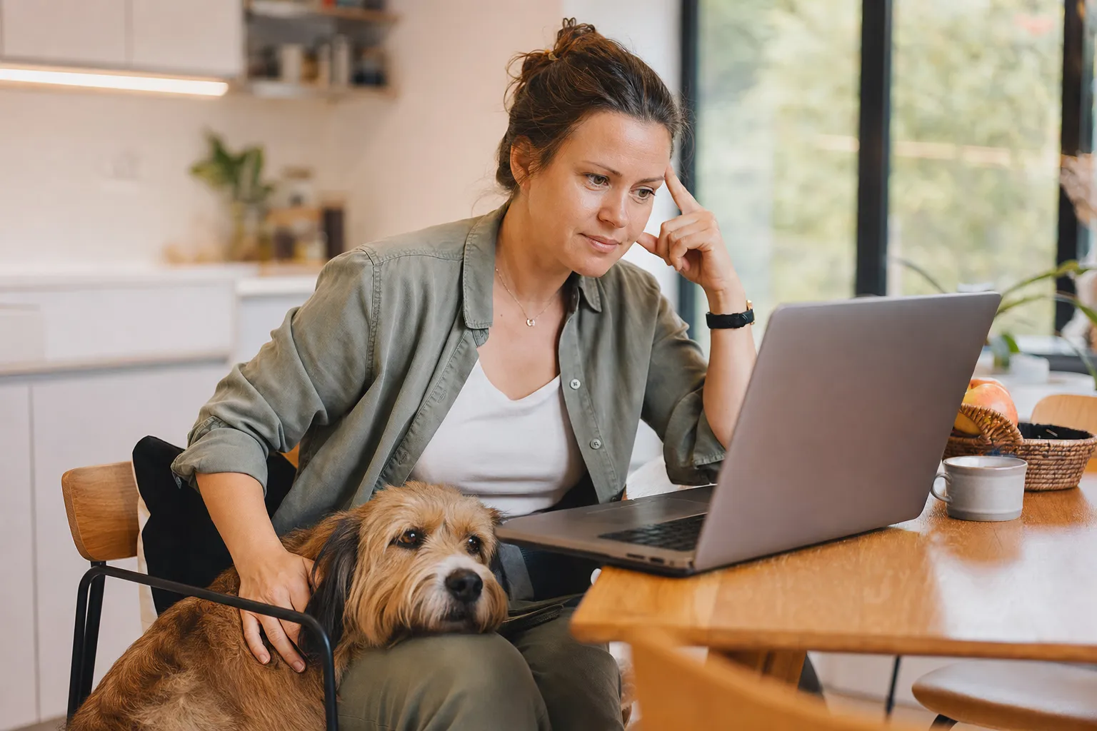 Hundehalterin vergleicht am Laptop Hundeversicherungen, ihr Hund liegt neben ihr