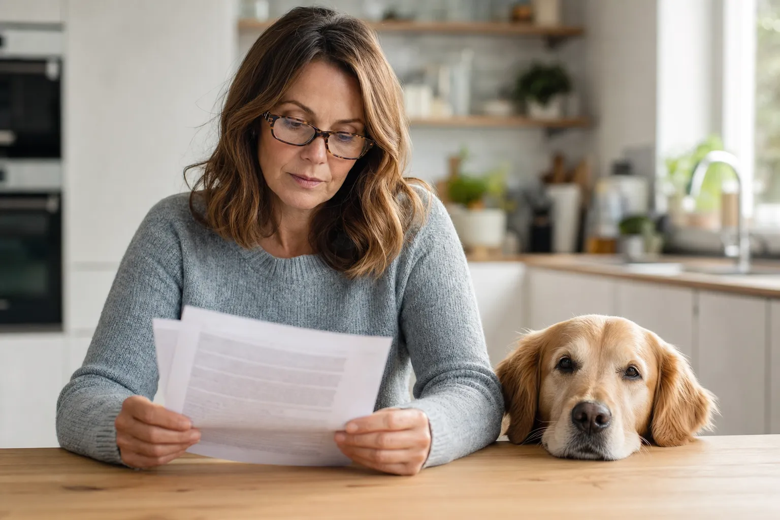 Hundehalterin liest am Küchentisch die Vertragsbedingungen, ihr Hund liegt neben ihr