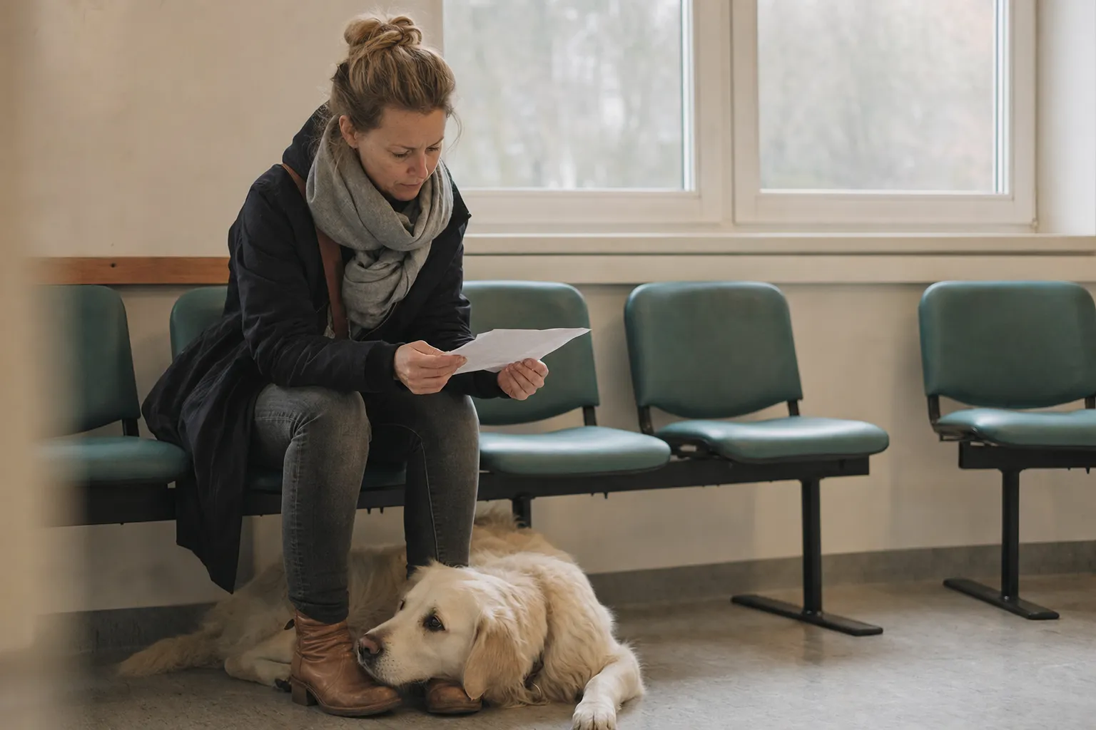 Hundehalterin sitzt mit ihrem Hund im Wartezimmer einer Tierarztpraxis und liest ein Schreiben